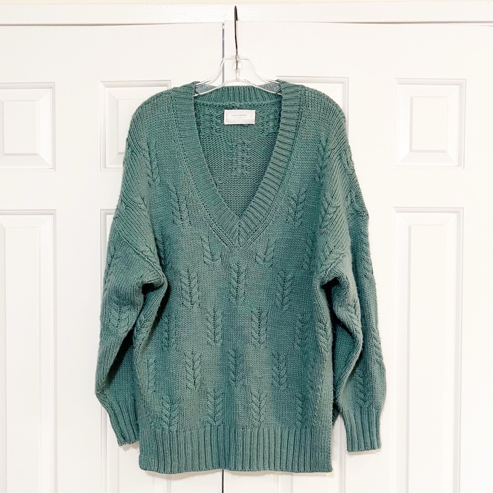 Lucky Brand Oversized Slouchy Fit Chunky Cozy Green Cable Knit V-Neck Sweater. - Picture 5 of 15